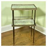 Bronze Tea Table | Bronze/brass tea table with smoky mirror shelves. Eyelet trim around shelves. - h