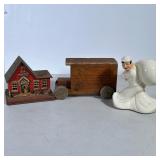 (3pc) MIXED COIN BANKS | Including: painted tin schoolhouse bank, L.L. Bean wood boxcar bank, and ce