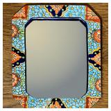 CERAMIC FRAME MIRROR | Small glazed octagon ceramic frame mirror, pottery folk art - h. 15.5 x w. 12