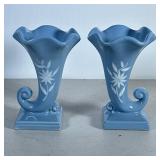 (2pc) Matching Vases MCM | Vintage blue pottery made by Abington, marked on bottom. - h. 7 x w. 4 in