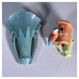 (2pc) Vintage Wall Pockets | Bird with birdhouse is possible Czechoslovakian, marked on bottom. Gree