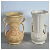 (2pc) Vintage Pottery | Two vases with side handles. The lighter of the two is marked McCoy - h. 8 x