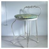 Vanity Table Stool | White wrought iron stool with a floral pattern in shades of green and blue. - h