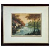 European Etching | Home on the river. Hand colored etching. German artist Kromenbacher. Signed botto