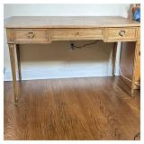 BAKER FURNITURE DESK | Wood desk having 3 split width drawers with brass pulls over fluted legs with