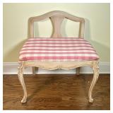 LOW SLIPPER CHAIR | Carved wood slipper chair with gingham upholstery over cabriole legs; seat heigh