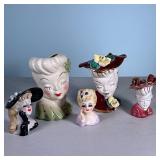 (5pc) Vintage Head Vases | Five glamour girl collectible MCM vases. Two are numbered. Dimensions: h.