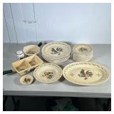 (24pc) Metlox Pottery Set | Rooster themed set including: 6 dinner plates, one bowl, 12 small plates