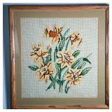 Framed Needlepoint Wall Art | Daffodils Needlepoint. 12”h x 11.5 w needlepoint. Labeled on verso - h