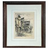 French Etching | La Maison de Jeanne D’Arc - Homes along street in France. Marcel Bessau. Artwork 11