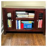 WOOD BOOKSHELF | Having 2 small glass doors flanking center open cabinet with 2 shelves Dimensions: 