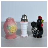 (3pc) Vintage Salt And Pepper Shakers | Black rooster with cork stopper, white milk glass with red t