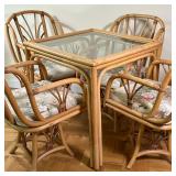 (5pc) Bamboo/Rattan Swivel Dining Chairs & Table | Vintage (mid 20th c.) bamboo and rattan swivel ba