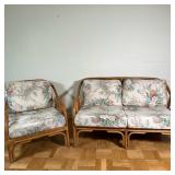 (2pc) Bamboo/Rattan Armchair & Loveseat | Vintage (mid 20th c.) bamboo and rattan armchair and two-c