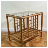 Bamboo/Rattan Side Table | Vintage (mid 20th c.) bamboo and rattan side table with rectangular glass