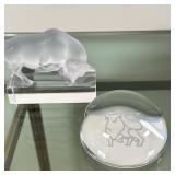 (2pc) Lalique Crystal & Merill Lynch - "Bull" | Vintage (end 20th c.) crystal and art glass paperwei
