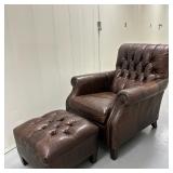 (2pc) Leather Ottoman & Chair | Brown leather tufted armchair and ottoman with nailhead design. Otto