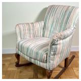 Upholstered Rocking Chair | Upholstered rocking chair on carved wood legs with striped upholstery. S