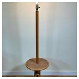 Bamboo/Rattan Floor Lamp Table | Vintage (mid 20th c.) bamboo and rattan round side table with pole 