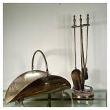 (5pc) Brass Firewood Carrier & Brass Fireplace Tools | Vintage (mid 20th c.) brass curved, claw foot