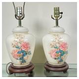 (2pc) Pink Floral Ginger Jar Table Lamps | Pair of white porcelain ginger jars turned into table lam
