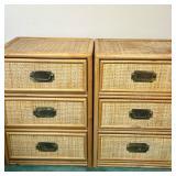 (2pc) 3-Drawer Rattan Side Tables | Pair of vintage (mid 20th c.) light wash rattan side tables/cabi