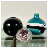 (3pc) Round Vases & Art Glass Paperweight | Three art vases including: Vintage Otagiri (Japan) round