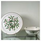 (2pc) Lenox Cake Plate & Bowl - "Holiday" | Lenox "Holiday" pattern cake chop plate with holly and b
