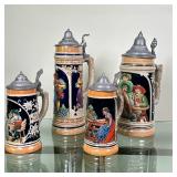 (4pc) German Lidded Beer Steins/Mugs | Collection of vintage German ceramic/stoneware lidded beer st