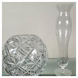 (2pc) Cut Crystal Rose Bowl & Etched Hurricane Vase | Vintage (mid 20th c.) cut crystal glass rose b