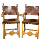(2pc) PAIR OF BILLIARDS STOOLS | Carved wood & leather billiards stools with large riveted border, l