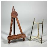 (2pc) EASEL FRAMES | Two tabletop easel/frame stands, including a wood-carved easel and a brass fold