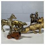 (5pc) BRASS ANIMAL & OTHER FIGURINES | Including: dog, horse, fox, cavalry solider, and cannon Dimen