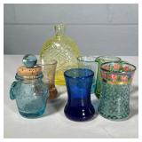 (6pc) MIXED COLORED GLASS | Including miniature pitcher, vases, and sugar/honey jar - h. 5.5 x w. 2.