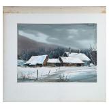 WINTER SCENE WATERCOLOR | Winter farmhouse Watercolor with oil painting detail. 9 x 14 in. Sight. Un