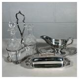 (2pc) SILVER PLATE ITEMS | Including: condiment set with silver plate holder & 2 cut crystal condime
