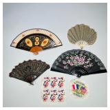 (6pc) Fans And Doilies | Four fans made of bone or wood. Two are beaded and the others painted. Exce