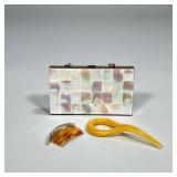 (3pc) Purse Compact And Hair Pieces | Vintage Mother of Pearl Minaudiere has mirror, compact, cigare