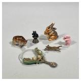 (6pc) Small Objects & Small Magnifying Glass | Rabbit, bear and elephant small porcelains. An owl an