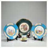 (4pc) Decorative Plates | Two blue compatible plates with courting couples in center and gold accent
