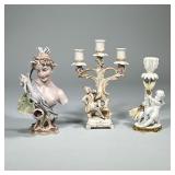 (3pc) Porcelain Pieces | Bust of woman draped with flowers. Candle stick holder with cherub and Fren
