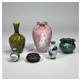 (6pc) Vases | Two small vases, one metal with blue flowers and one green with cherubs. Taller olive 