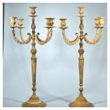PAIR PATINATED METAL CANDELABRA | 2 pc patinated metal candelabra; intricate design. Having four arm
