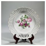 (1pc) German Porcelain Bowl | Reticulated bowl / low dish with openwork rim, decorated with roses an