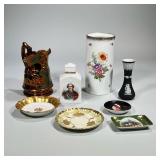 (8pc) Collection of Antique European Ceramics | Including: Black Basalt Wedgwood Vase 6”, 2 Gilt Rim
