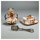 (3pc) Porcelain Pieces | Covered serving dish with gold trim. Marked plate is attached to dish. Comp