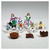 (10pc) Misc. Small Objects | Porcelain small figurines, wooden carvings, two perfume bottles and pea