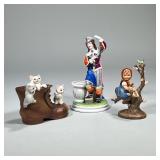 (3pc) Porcelain Pieces | Hummel of girl in tree, marked Germany. Large shoe with three kittens also 
