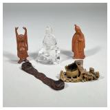 (5pc) Asian Small Objects | Carved wooden Buddha, chinaman and wooden oblong stand. Stone censor and