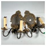 (2pc) ELECTRIFIED CANDLE SCONCES | Pair of metal wall sconces with faux candle electrics and gilt me